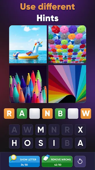 Скачать мод 4 Pics 1 Word: Guessing Games — Безлимитные подсказки и открыты все уровни — скриншот 2 Скачать мод 4 Pics 1 Word: Guessing Games — Безлимитные подсказки и открыты все уровни — скриншот 2