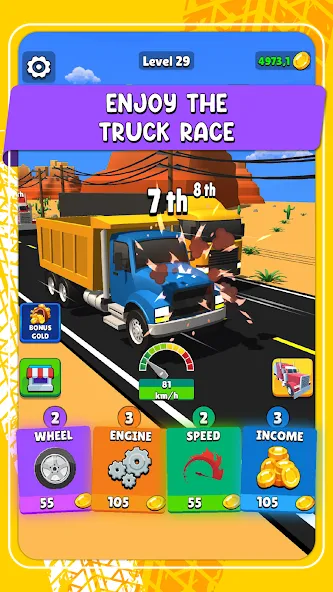 Idle Truck Racing : Cybertruck — взломанная версия, Безлимитные деньги и топливо — скриншот 1
