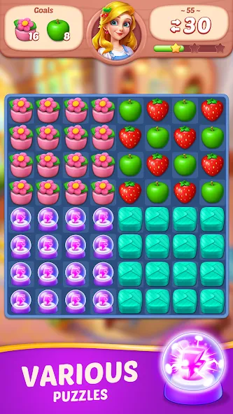Fruit Diary - Match 3 Games на телефон — скачать мод: Безлимитные монеты и жизни — скриншот 5 Fruit Diary - Match 3 Games на телефон — скачать мод: Безлимитные монеты и жизни — скриншот 5
