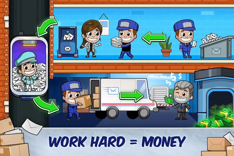 Idle Mail Tycoon — взломанная версия, Безлимитные деньги и бонусы — скриншот 5