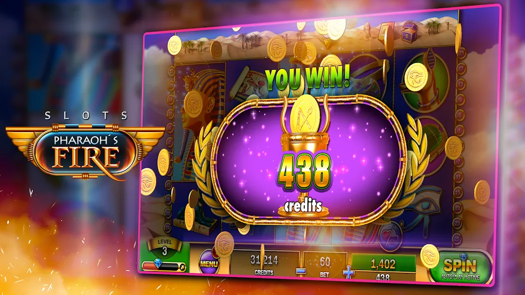 Slots - Pharaoh's Fire MOD APK: Безлимитные монеты и бесплатные вращения — скриншот 3 Slots - Pharaoh's Fire MOD APK: Безлимитные монеты и бесплатные вращения — скриншот 3