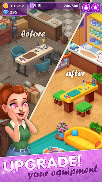 Beauty Tycoon: Hair Salon Game — Безлимитные деньги и все прически открыты, скачать мод APK — скриншот 5 Beauty Tycoon: Hair Salon Game — Безлимитные деньги и все прически открыты, скачать мод APK — скриншот 5