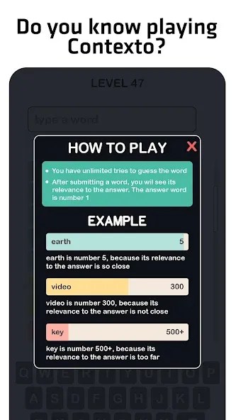 Contexto - Similar Word MOD APK скачать на Андроид — Подсказки и безлимитные попытки — скриншот 1 Contexto - Similar Word MOD APK скачать на Андроид — Подсказки и безлимитные попытки — скриншот 1