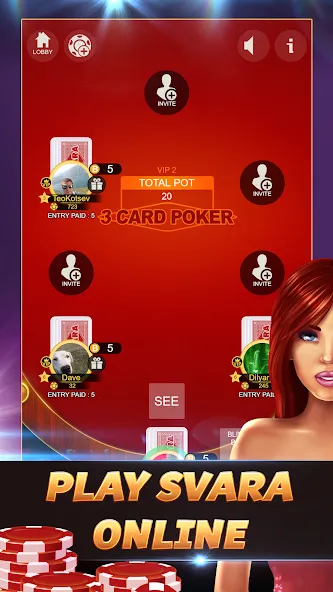 Svara - 3 Card Poker Card Game MOD APK скачать на Андроид — Безлимитные фишки и открытые уровни — скриншот 1 Svara - 3 Card Poker Card Game MOD APK скачать на Андроид — Безлимитные фишки и открытые уровни — скриншот 1
