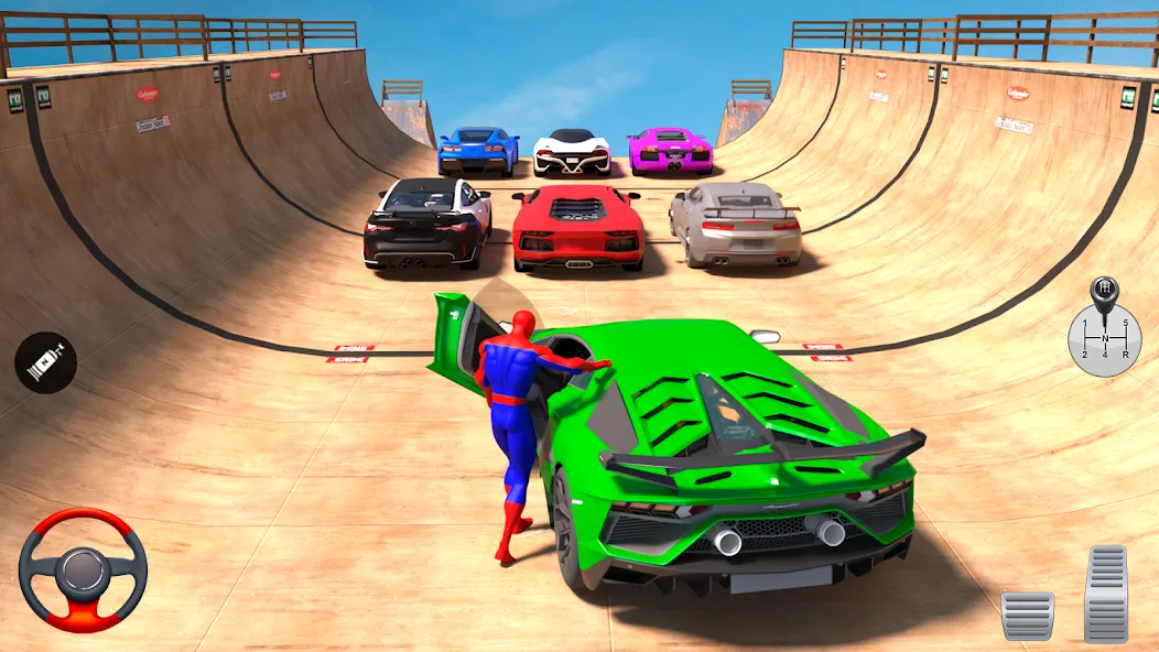 Superhero Car: Mega Ramp Games на телефон — скачать мод: Безлимитные деньги и все машины открыты — скриншот 1 Superhero Car: Mega Ramp Games на телефон — скачать мод: Безлимитные деньги и все машины открыты — скриншот 1