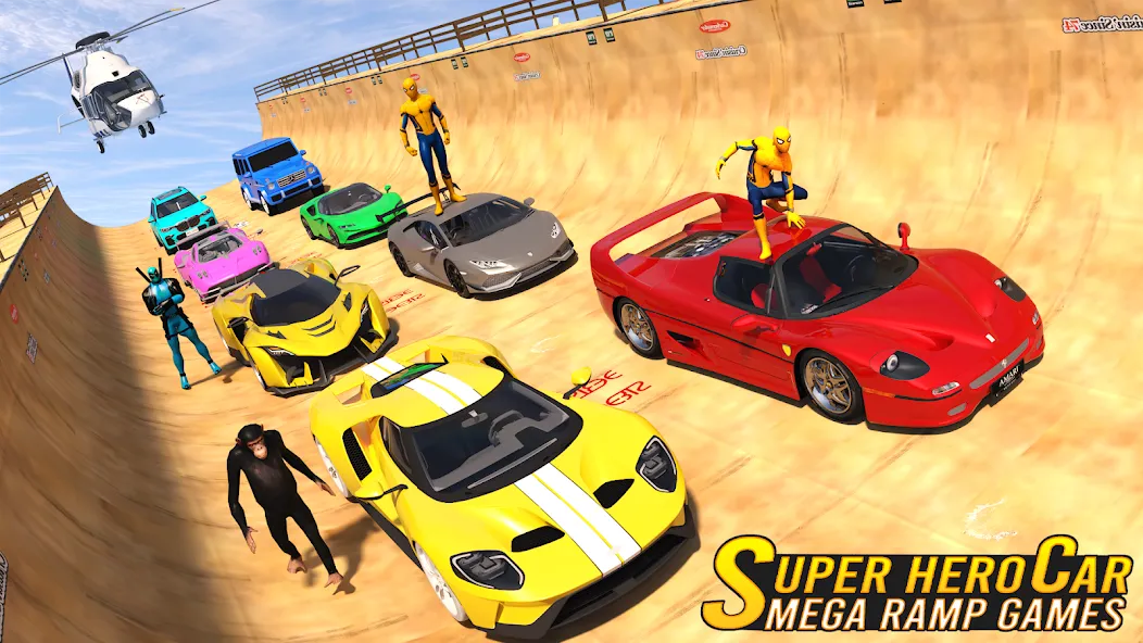 Superhero Car: Mega Ramp Games на телефон — скачать мод: Безлимитные деньги и все машины открыты — скриншот 5 Superhero Car: Mega Ramp Games на телефон — скачать мод: Безлимитные деньги и все машины открыты — скриншот 5