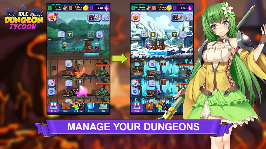 Idle Dungeon Tycoon — Много денег и ресурсов, скачать мод APK — скриншот 1