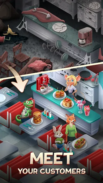 Merge Inn - Cafe Merge Game на телефон — скачать мод: Много денег и энергии — скриншот 3 Merge Inn - Cafe Merge Game на телефон — скачать мод: Много денег и энергии — скриншот 3
