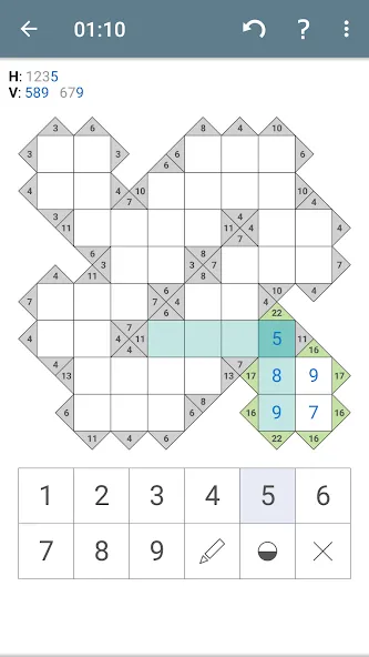 Kakuro (Cross Sums] — взломанная версия, Подсказки и все уровни открыты — скриншот 1