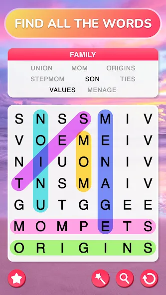 Скачать мод Word Search - Word Puzzle Game — Безлимитные подсказки и ходы — скриншот 1 Скачать мод Word Search - Word Puzzle Game — Безлимитные подсказки и ходы — скриншот 1