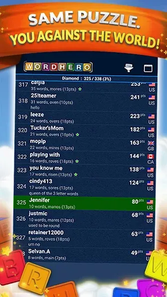 Скачать WordHero : word finding game на Андроид с модом — Безлимитные подсказки и подсвеченные слова — скриншот 4