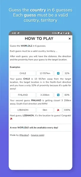 Worldle - Guess the Country взлом APK — Безлимитные попытки и подсказки — скриншот 3 Worldle - Guess the Country взлом APK — Безлимитные попытки и подсказки — скриншот 3