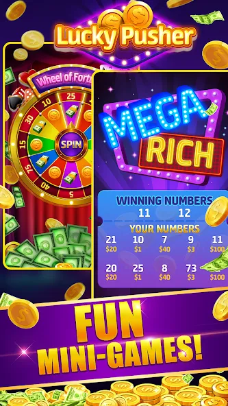 Мод Lucky Cash Pusher Coin Games — Безлимитные монеты и бонусы, скачать APK — скриншот 4