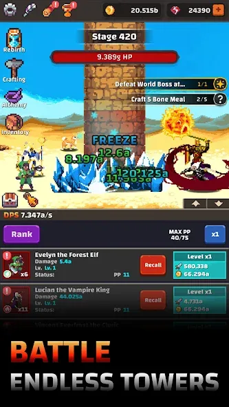 Tower Quest: Pixel Idle RPG мод на Андроид: Безлимитные ресурсы и герои — скриншот 1