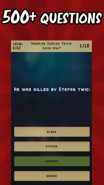 Vampire Diaries Quiz Trivia взлом на Андроид — Открыты все вопросы и подсказки — скриншот 1 Vampire Diaries Quiz Trivia взлом на Андроид — Открыты все вопросы и подсказки — скриншот 1