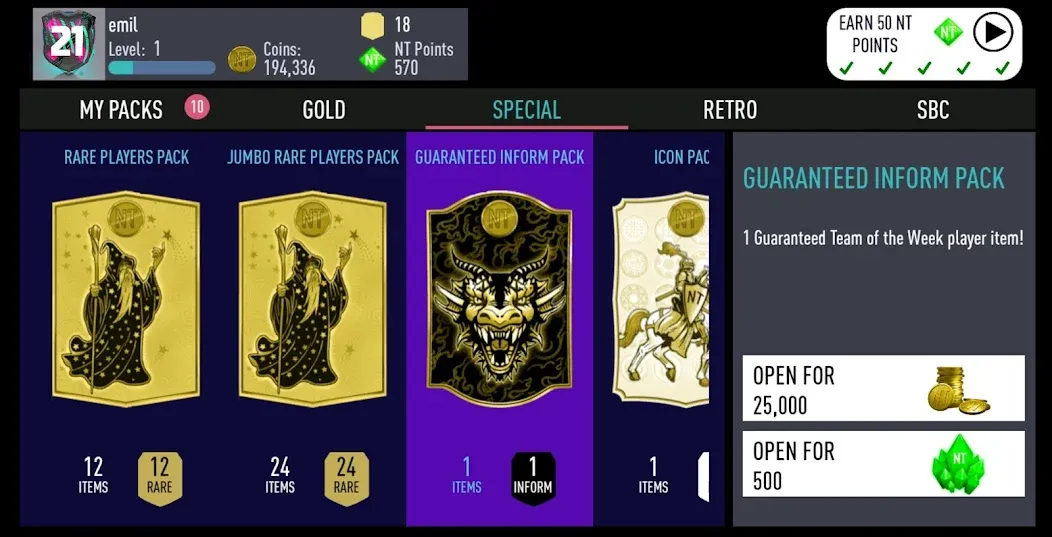 NT 21 Draft + Pack Opener — скачать мод: Безлимитные деньги и паки открыты — скриншот 1