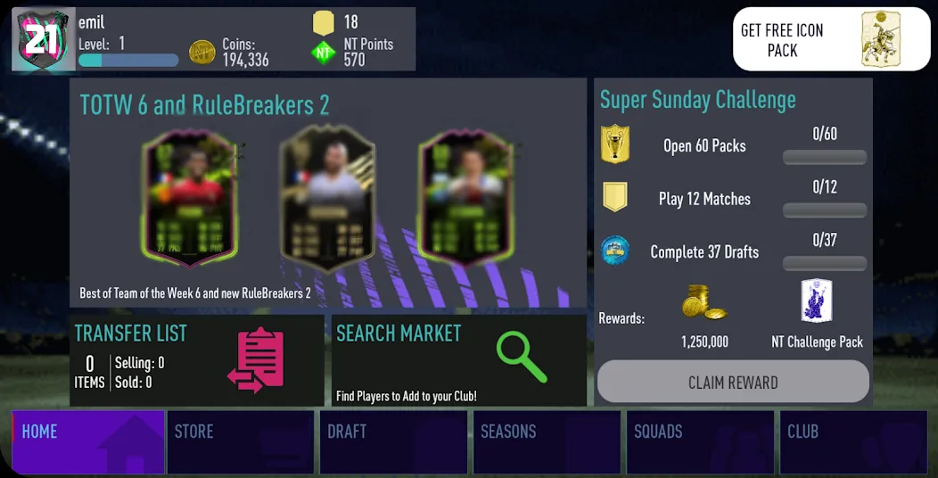 NT 21 Draft + Pack Opener — скачать мод: Безлимитные деньги и паки открыты — скриншот 4