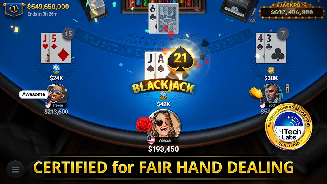 Blackjack Championship — последняя версия с модом (Безлимитные фишки и открытые столы) — скриншот 1
